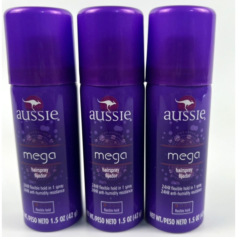 3 Pack Aussie Mega Hairspray Travel Size 1.5 Fl Oz Flexible Hold